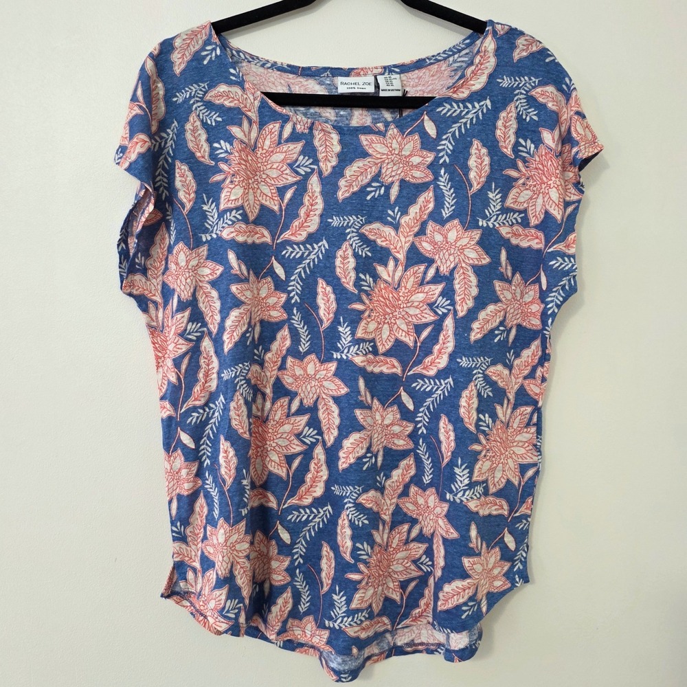 NWT Rachel Zoe Linen Floral Print Top Sz XL Boho Flowy Short Sleeved Blouse